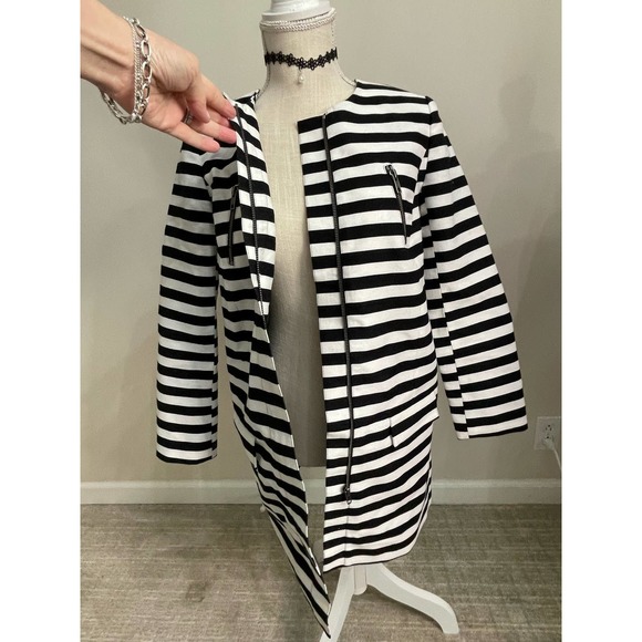 Halogen Womens Long Jacket Coat Duster Black White Stripe Zip Front Sz XS Shift - Picture 2 of 16